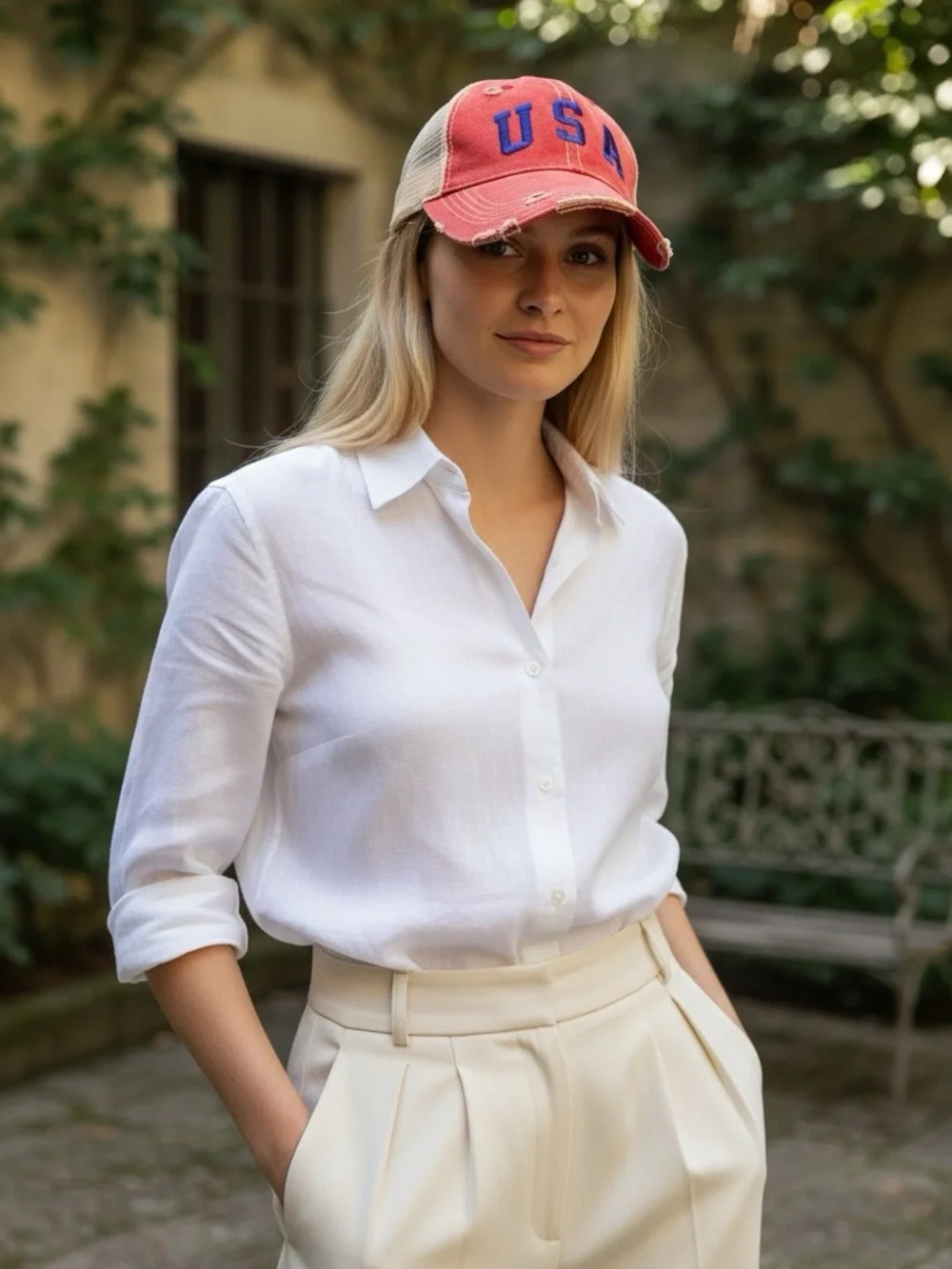 Original Retro Brand Red and Beige USA Embroidered Trucker Hat